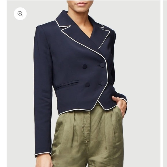 Frame Denim Piped Cropped Double Breasted Blazer Slit Cuff Navy Blue Sz 8 - Picture 2 of 16